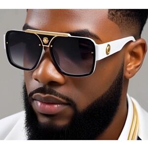 Aviator Sunglasses White Frame‎ Black Lens Gold Accent Designer Style Shades Hot